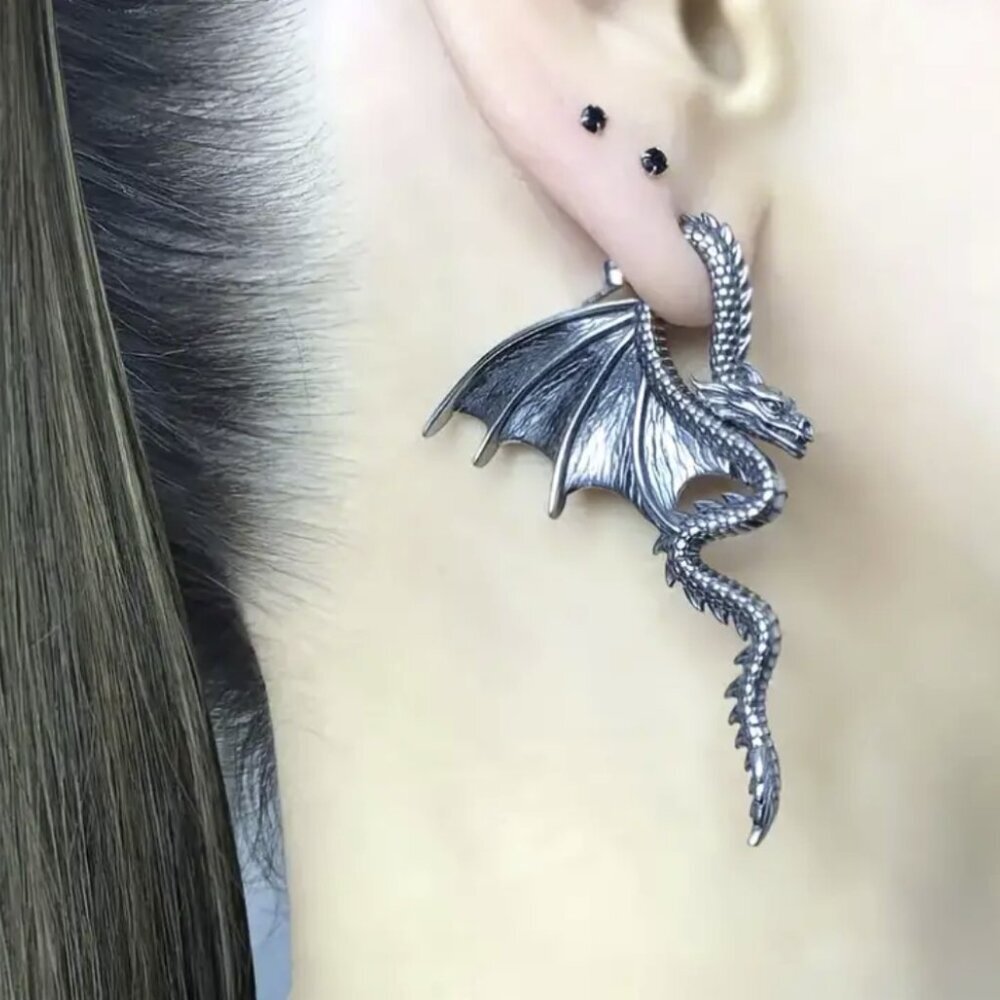 Dragon Wing Earrings - Stainless Steel, Gothic Boho, Goth, Dark Silver.